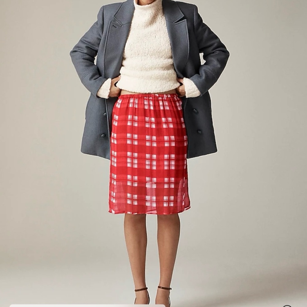 NWT J Crew red check chiffon knee length skirt